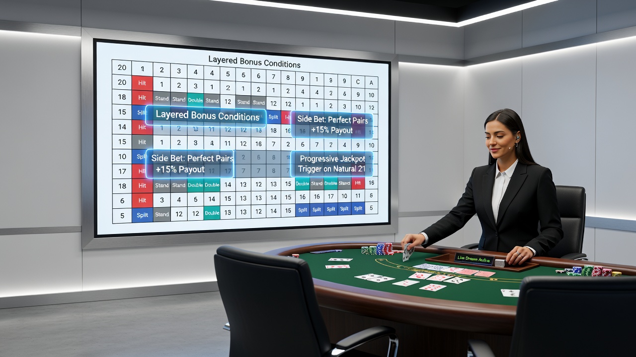 Close-up view of a live dealer blackjack session with digital bonus indicators and player strategy reference